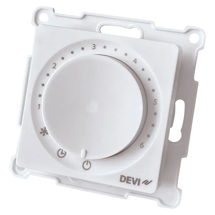 Devi Thermostat Basic - Geeignet für: Fußbodenheizungen - Weißer Drehregler-Thermostat mit nummerierten Einstellungen 1-6, Schneeflocken- und Leistungssymbolen.