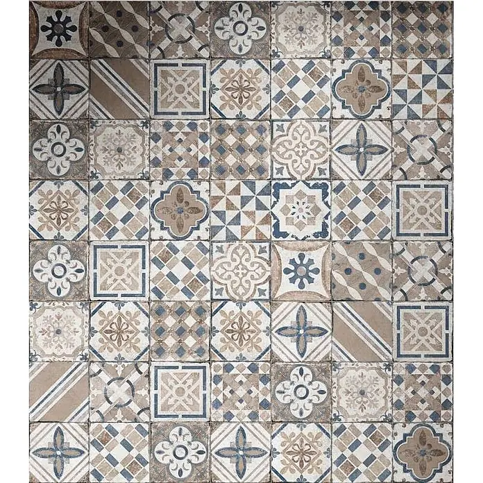 Feinsteinzeugfliese Marrakesh - 20 x 20 cm, Blue Mix, Matt - Dekorative Keramikfliesen mit verschiedenen beigefarbenen, braunen und blauen geometrischen und floralen Mustern.