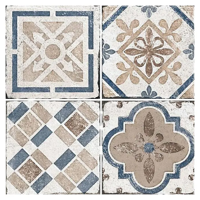 Feinsteinzeugfliese Marrakesh - 20 x 20 cm, Blue Mix, Matt - Vier quadratische gemusterte Keramikfliesen in Blau, Braun und Cremeweiß, jede mit einem einzigartigem traditionellen Design.