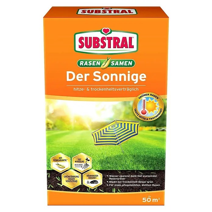 Substral Rasensamen Der Sonnige - 1,125 kg, 50 m² - Produktverpackung von Substral "Der Sonnige" Rasensamen, hitze- und trockenheitsverträglich, für einen grünen und dichten Rasen.