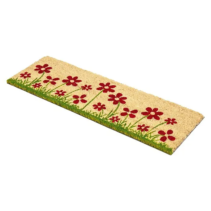 Astra Coco Fußmatte Style - 25 x 75 cm, Bunt, Material Nutzschicht: 100 % Kokos, Blumenwiese, Kokos - Ein rechteckiger Fußabtreter mit Blumenmuster in Rot und Grün auf beigem Grund. Perfekt für den Eingangsbereich und einladend für Besucher.