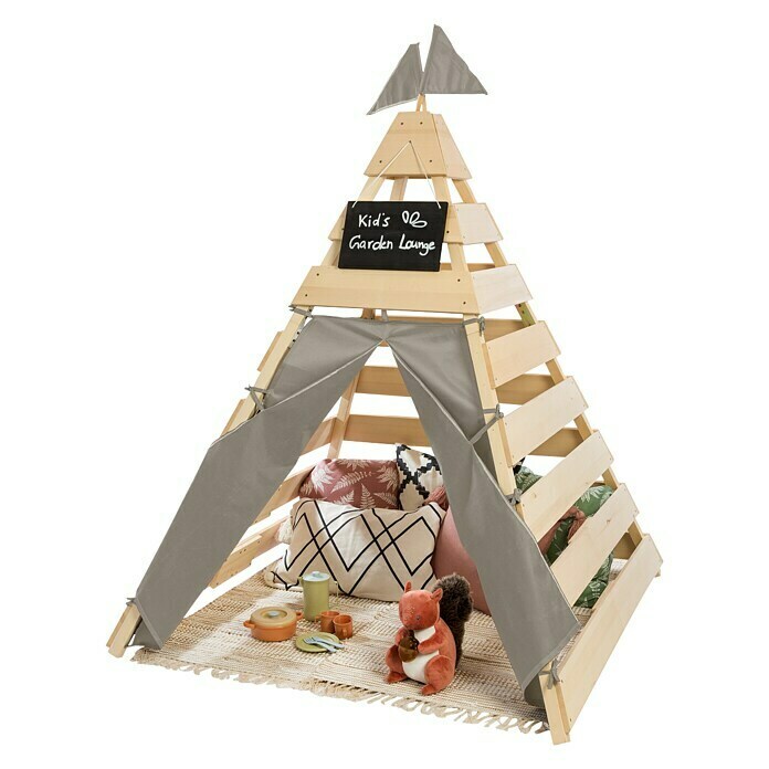 Muddy Buddy Tipi-Zelt DreamerL x B: 135 x 135 cm, Holz, Natur/Warmgrau Front View