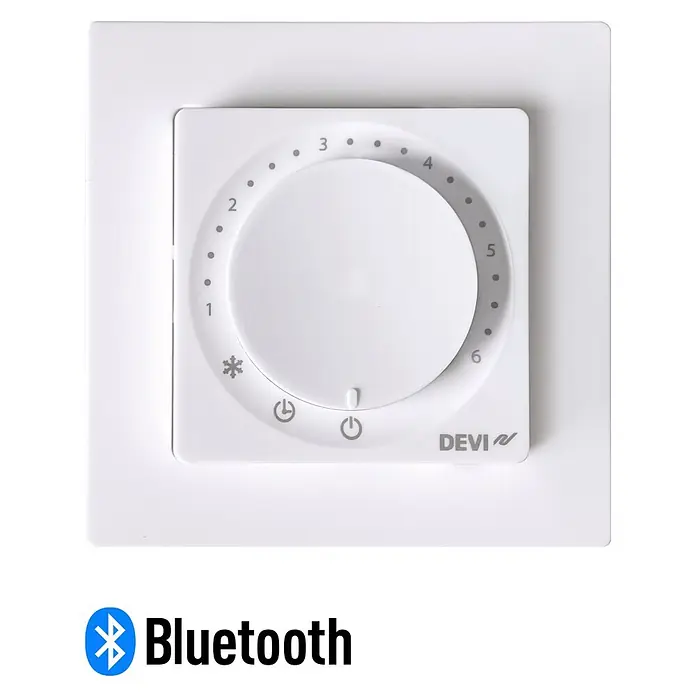 Devi Thermostat Basic - Geeignet für: Fußbodenheizungen - Weißes DEVI Smart-Thermostat mit Drehregler für Einstellungen 1-6, Schneeflocke und Power-Symbole. Mit Bluetooth-Funktion.