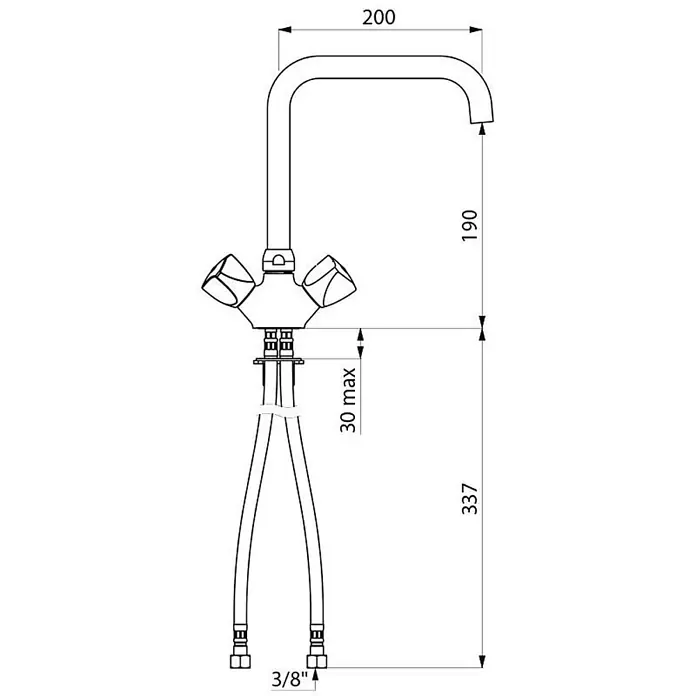 Delabie Spültischarmatur Delabie -  - Technische Zeichnung einer Zweigriff-Küchenarmatur mit eckigem Auslauf, Maßen und 3/8"-Anschlussschläuchen.