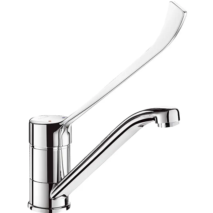 Delabie Spültischarmatur Delabie -  - Moderner, verchromter Küchenhahn mit langem, gebogenem Hebelgriff und elegantem Auslauf.