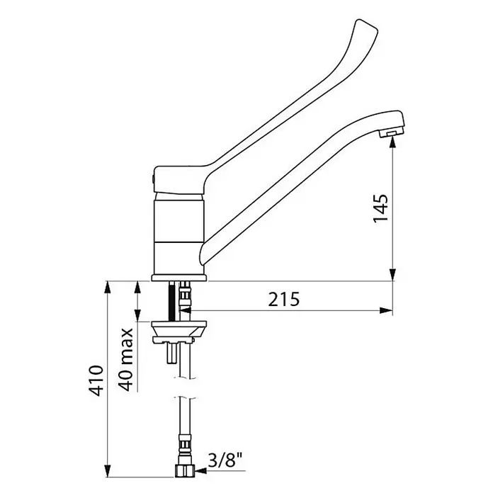 Delabie Spültischarmatur Delabie -  - Technische Zeichnung einer Einhebel-Küchenarmatur mit Maßen: Auslaufhöhe 145mm, Reichweite 215mm, 3/8" Schlauchanschluss.