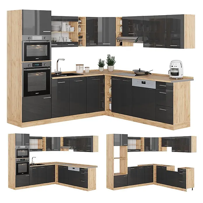 Vicco Eckküche R-Line Anthrazit Hochglanz/Goldkraft Eiche, AP Anthrazit - B x T: 247 x 60 cm, Anthrazit Hochglanz, Ohne Elektrogeräte - Moderne L-förmige Küche mit dunkelgrauen Hochglanzschränken und hellen Holzakzenten, inkl. Einbauöfen, Spüle, Kochfeld und Geschirrspüler.