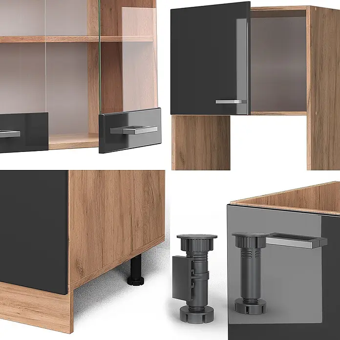 Vicco Eckküche R-Line Anthrazit Hochglanz/Goldkraft Eiche, AP Anthrazit - B x T: 247 x 60 cm, Anthrazit Hochglanz, Ohne Elektrogeräte - Modulares Schranksystem mit Holzmaserung und dunkelgrauen Paneelen, Glastüren, silbernen Griffen und verstellbaren Nivellierfüßen.