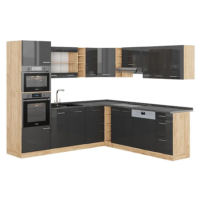 Vicco Eckküche R-Line Anthrazit Hochglanz/Goldkraft Eiche, AP Anthrazit - B x T: 247 x 60 cm, Anthrazit Hochglanz, Ohne Elektrogeräte - Moderne L-förmige Küche mit glänzend dunkelgrauen Schränken, hellen Holzrahmen, dunkler Arbeitsplatte und integrierten Geräten.