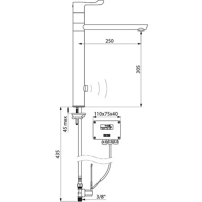 Delabie Spültischarmatur Delabie -  - Technische Zeichnung eines Sensorwasserhahns, inklusive Maßen und Anschlüssen.