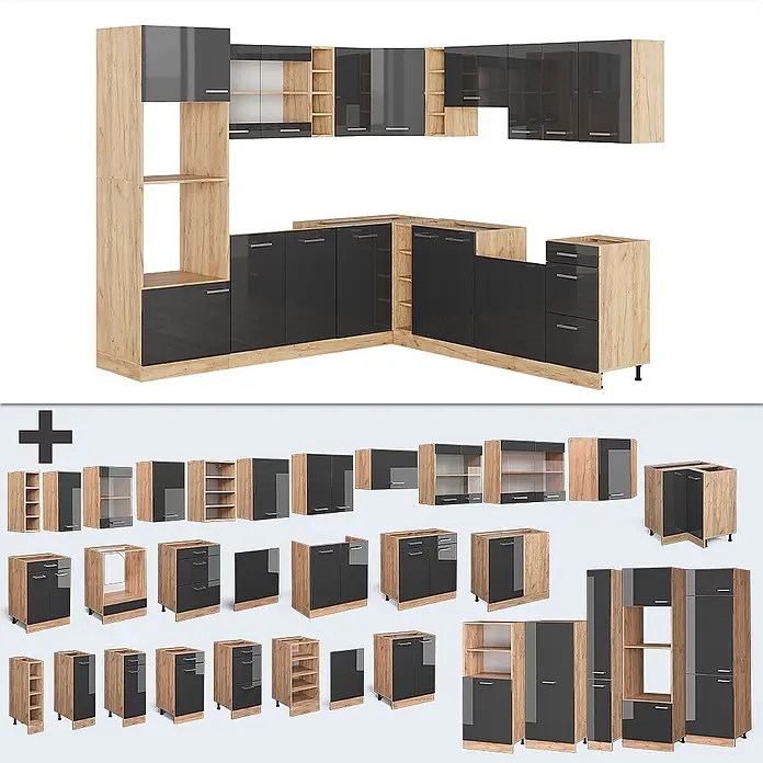 Vicco Eckküche R-Line Anthrazit Hochglanz/Goldkraft Eiche, AP Anthrazit - B x T: 247 x 60 cm, Anthrazit Hochglanz, Ohne Elektrogeräte - Modulare Eckküche in heller Holzoptik und dunkelgrau glänzenden Fronten, mit Einzelmodulen.