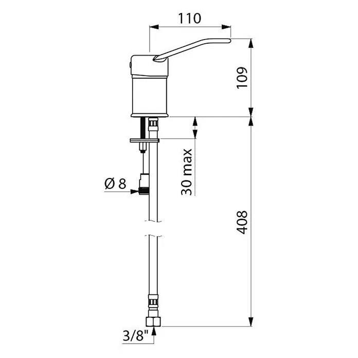 Delabie Spültischarmatur Delabie -  - Technische Zeichnung eines Wasserhahns mit Hebelgriff, Maßen (z.B. Höhe 109, Breite 110) und 3/8" Anschluss.
