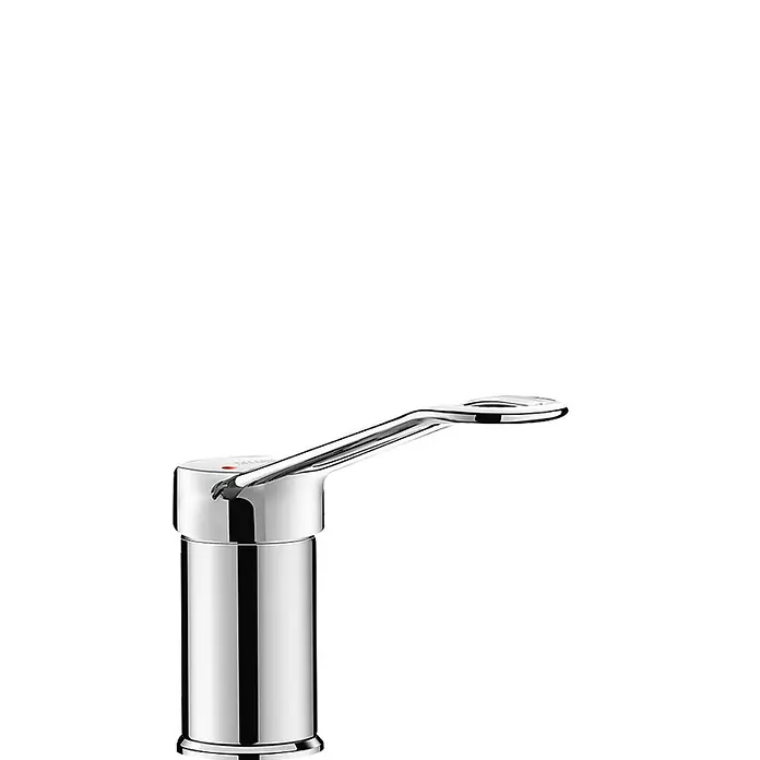 Delabie Spültischarmatur Delabie -  - Eleganter Chrom-Wasserhahn mit zylindrischem Sockel und geschwungenem Hebelgriff, mit rotem Indikatorpunkt.