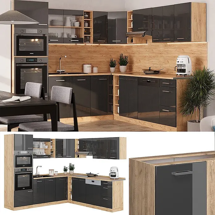 Vicco Eckküche R-Line Anthrazit Hochglanz/Goldkraft Eiche, AP Anthrazit - B x T: 247 x 60 cm, Anthrazit Hochglanz, Ohne Elektrogeräte - Moderne L-förmige Küche mit dunkelgrauen Hochglanzfronten, hellen Holzdekorplatten und integrierten Geräten.