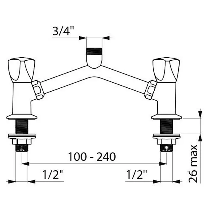 Delabie Spültischarmatur Delabie -  - Technische Zeichnung einer wandmontierten Zweigriffarmatur mit Anschlüssen 3/4" und 1/2", verstellbarer Breite 100-240mm.
