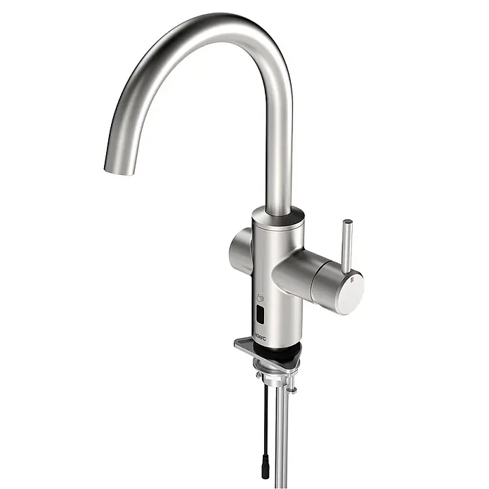 KWC Spültischarmatur -  - Gebürstete Silberküchenarmatur mit modernem Bogendesign, integriertem Sensor und sichtbaren Anschlüssen.