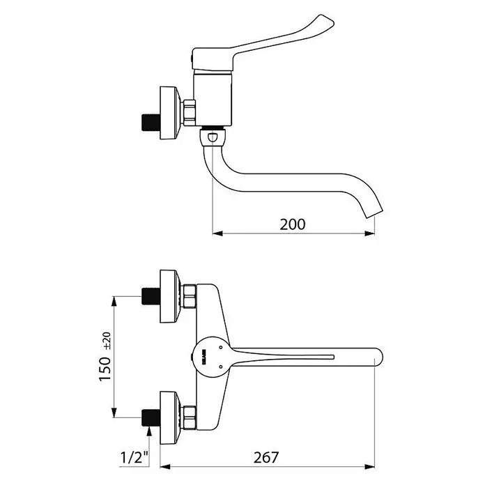 Delabie Spültischarmatur Delabie -  - Technische Zeichnung einer wandmontierten Einhebelarmatur mit 200mm Auslauf und 150mm Achsabstand.