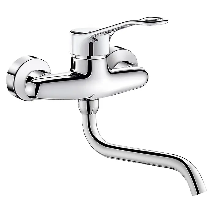 Delabie Spültischarmatur Delabie -  - Glänzende verchromte Wandmischbatterie mit elegant gebogenem Auslauf.