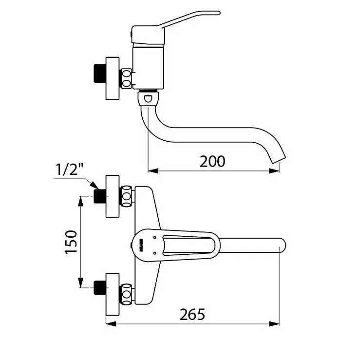 Delabie Spültischarmatur Delabie -  - Wandmontierte Einhebel-Küchenarmatur mit gebogenem Auslauf. Technische Zeichnung mit Maßen: 200mm Auslauf, 150mm Achsabstand, 1/2" Anschlüsse.