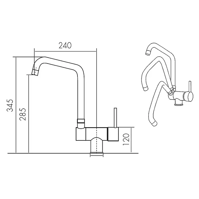 Beitz & Walz Spültischarmatur Beitz & Walz - Chrom - Technische Zeichnung einer Küchenarmatur aus Metall mit C-förmigem Schwenkauslauf und Seitenhebel.