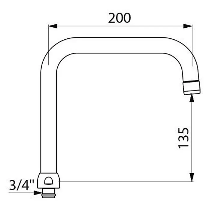 Delabie Spültischarmatur Delabie -  - Technische Zeichnung eines eckigen Wasserhahn-Auslaufs mit 3/4 Zoll Anschluss, 200mm Ausladung und 135mm Höhe.