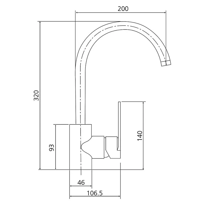 Beitz & Walz Spültischarmatur Beitz & Walz - Chrom - Technische Zeichnung einer Küchenarmatur mit hohem, gebogenem Auslauf und Seitenhebel, mit Maßen: Höhe 320mm, Ausladung 200mm.