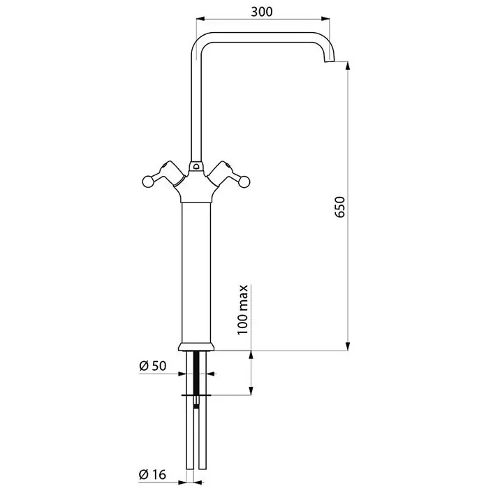 Delabie Spültischarmatur Delabie -  - Technische Zeichnung einer hohen Zweigriffarmatur mit hohem Auslauf, Maße: Höhe 650mm, Ausladung 300mm.