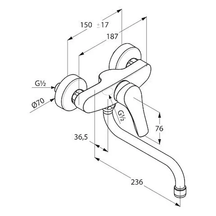 Kludi Spültischarmatur Kludi -  - Technische Zeichnung eines wandmontierten Einhebelmischers mit gebogenem Auslauf, Maße und G½-Anschlüssen.