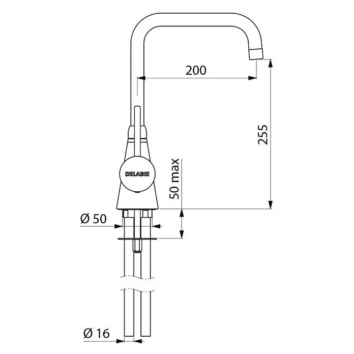 Delabie Spültischarmatur Delabie -  - Technisches Diagramm einer DELABIE Küchenarmatur mit Maßen: Ausladung 200mm, Gesamthöhe 255mm, Montageloch Ø50mm.