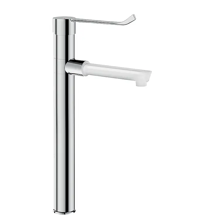 Delabie Spültischarmatur Delabie -  - Hoher Chrom-Wasserhahn mit weißem, durchscheinendem, horizontalem Auslauf und schlankem Chrom-Hebelgriff.
