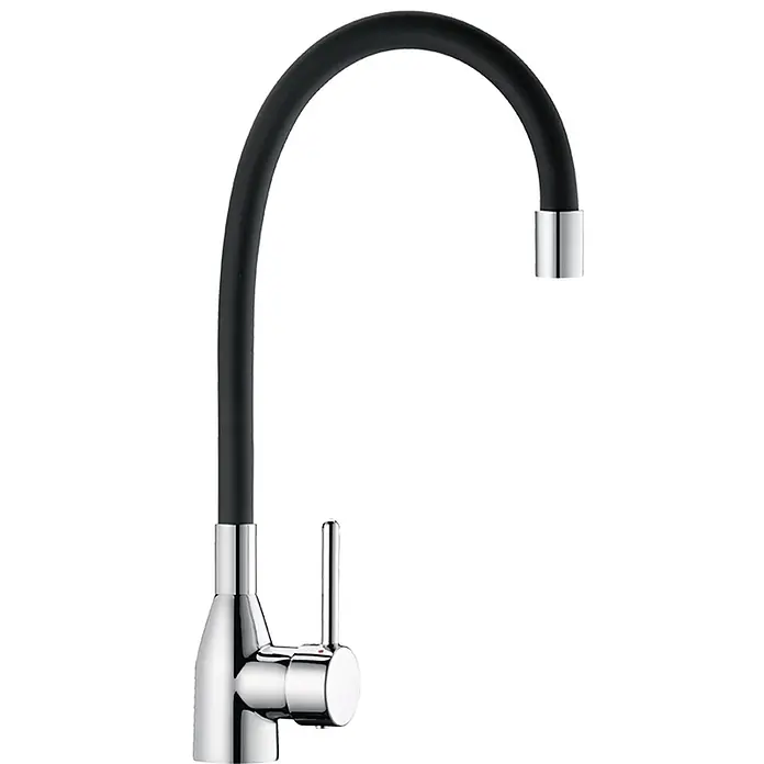 Delabie Spültischarmatur Delabie -  - Moderner Küchenarmatur mit Chromsockel und schwarzem flexiblem Schwanenhalsauslauf.