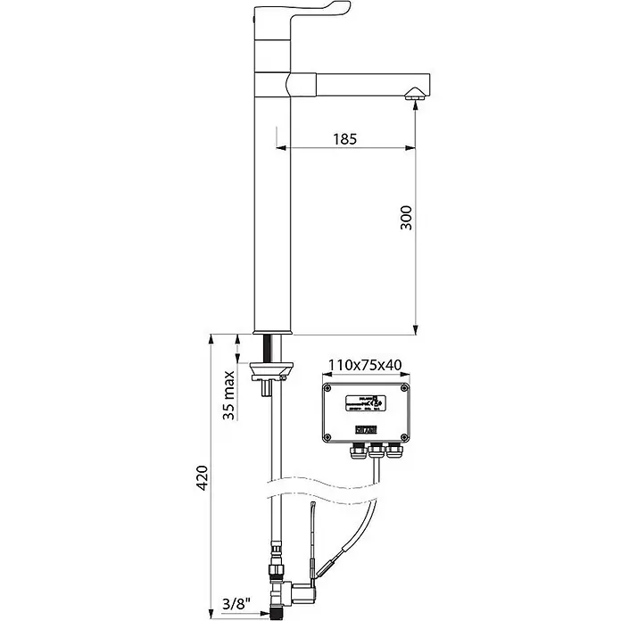Delabie Spültischarmatur Delabie -  - Bemaßte Zeichnung einer Einhebel-Mischbatterie mit externer Elektronikbox und 3/8" Wasseranschlüssen.