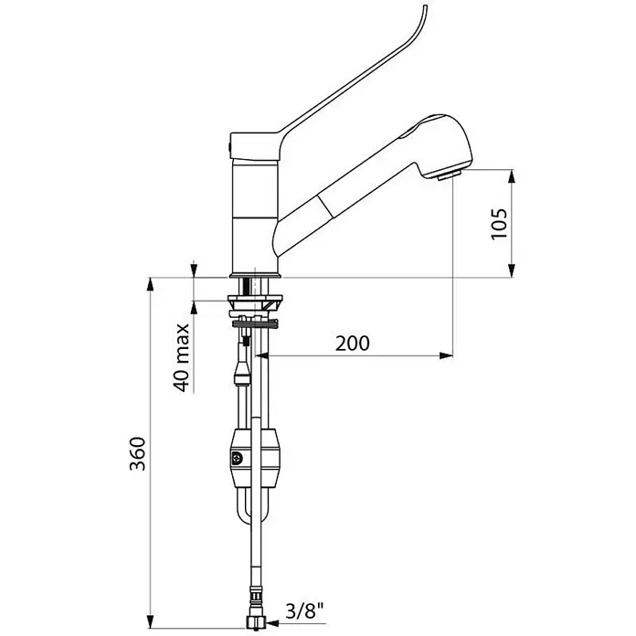Delabie Spültischarmatur Delabie -  - Technische Zeichnung einer Einhebel-Küchenarmatur mit Ausziehfunktion und Maßen.