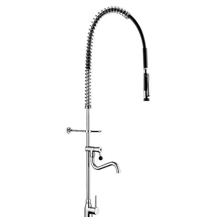 Delabie Spültischarmatur Delabie -  - Verchromte Profi-Küchenarmatur mit hohem Bogen, sichtbarer Feder und ausziehbarer Brause.