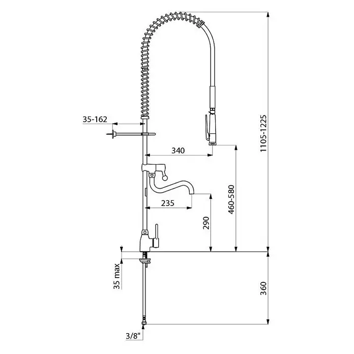 Delabie Spültischarmatur Delabie -  - Technisches Diagramm einer professionellen Küchenarmatur mit hoher Federbrause und zusätzlichem Topffüller, inklusive Maßen.