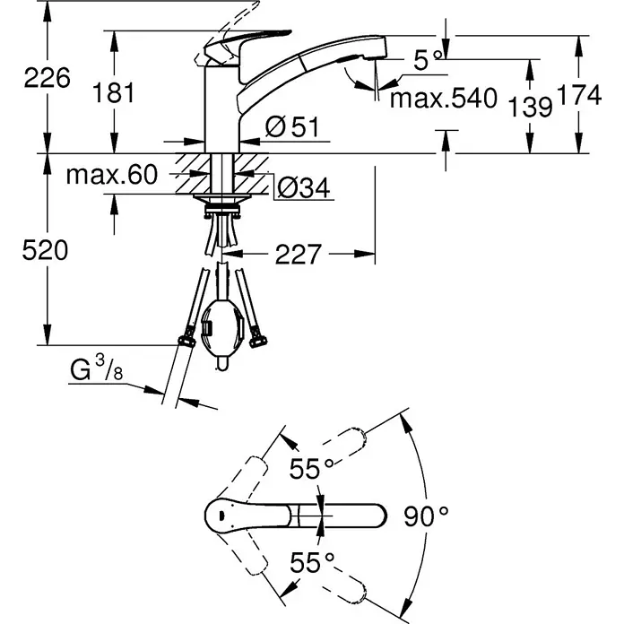 Grohe Spültischarmatur Grohe - Chrom - Technische Zeichnung einer Küchenarmatur mit Maßen, Installationsdetails und Griffbewegung.