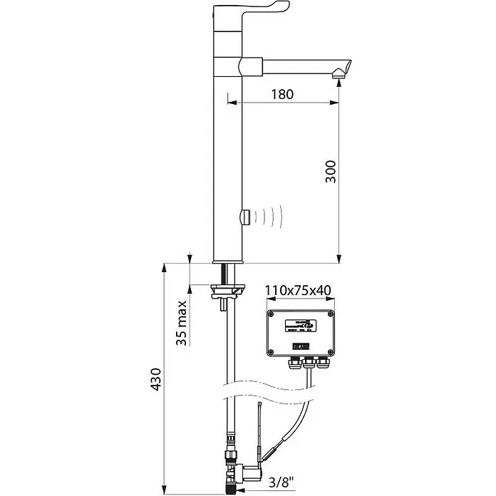 Delabie Spültischarmatur Delabie -  - Technische Zeichnung eines automatischen Sensorhahns mit Maßen, Steuerbox (110x75x40) und 3/8 Zoll Anschlüssen.