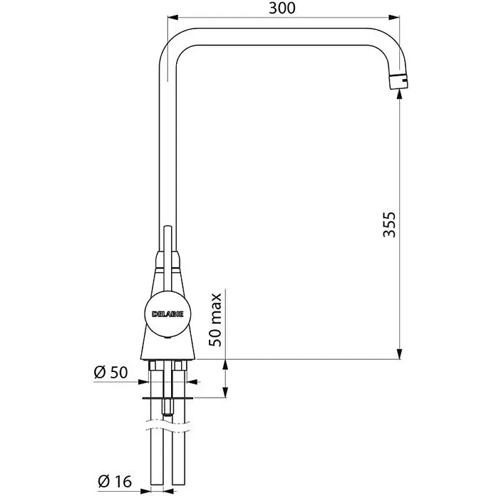 Delabie Spültischarmatur Delabie -  - Technische Zeichnung einer Einhebel-Küchenarmatur, 300x355 mm, mit Montage- (Ø50) und Anschlussdetails (Ø16).