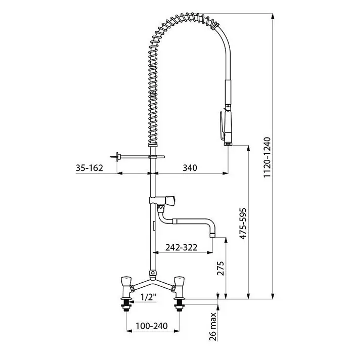 Delabie Spültischarmatur Delabie -  - Wandmontierte Küchenarmatur mit Vorsprühbrause, Topffüllauslauf und zwei Bedienelementen.