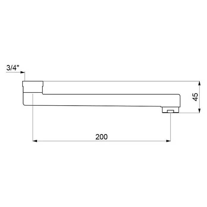 Delabie Waschtischarmatur Delabie -  - Technische Zeichnung eines L-förmigen Rechteckrohrs mit 3/4" Anschluss, 200mm Länge und 45mm Höhe.