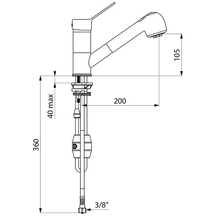Delabie Spültischarmatur Delabie -  - Technische Zeichnung einer Küchenarmatur mit herausziehbarer Brause, mit Maßen und 3/8"-Anschluss.