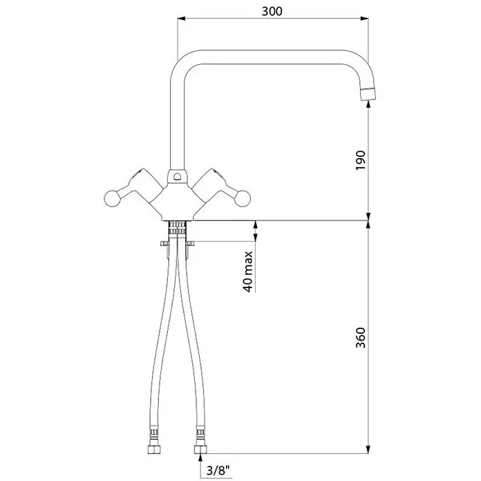Delabie Spültischarmatur Delabie -  - Technische Zeichnung einer Zweigriff-Küchenarmatur mit U-Auslauf und Maßen. Mit 3/8" Anschlüssen.