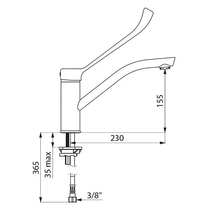 Delabie Spültischarmatur Delabie -  - Technische Zeichnung einer Einhebel-Küchenarmatur mit gebogenem Auslauf, Maßen und 3/8" Anschluss.