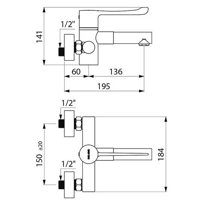 Delabie Spültischarmatur Delabie -  - Technische Zeichnung einer Wand-Einhebelmischbatterie mit Maßen und 1/2-Zoll-Anschlüssen.