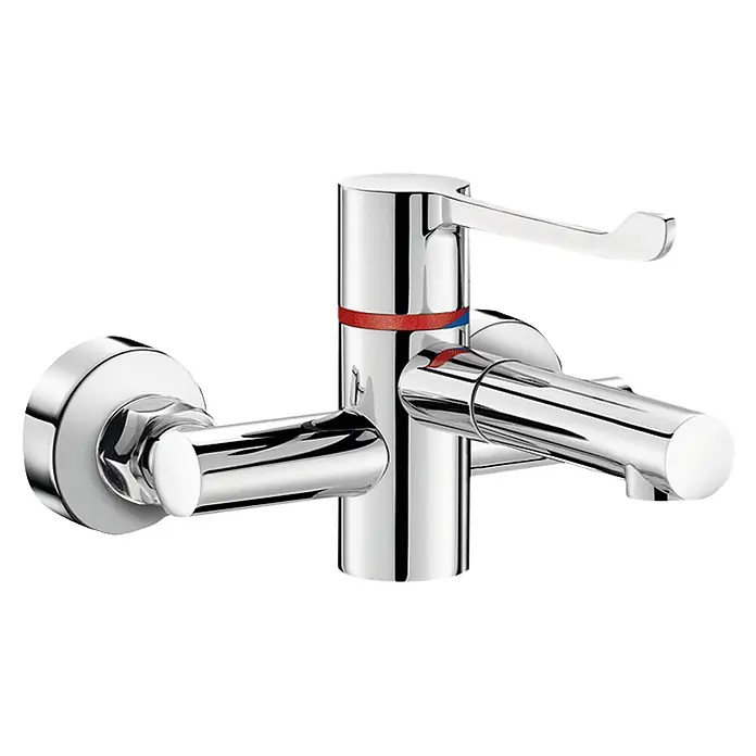 Delabie Spültischarmatur Delabie -  - Glänzende Chrom-Wandarmatur mit Einhebelmischer und Heiß-/Kaltanzeigen.