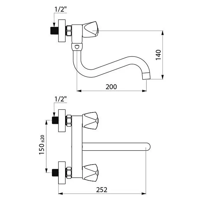 Delabie Spültischarmatur Delabie -  - Wandmontierte Küchenarmatur mit zwei Griffen und gebogenem Auslauf, Maße inkl. 1/2" Anschlüssen und 150±20mm Achsabstand.