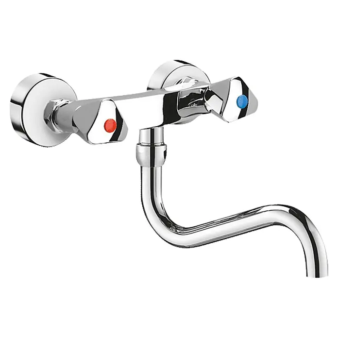 Delabie Spültischarmatur Delabie -  - Verchromte Wandarmatur mit zwei dreieckigen Hebeln (rote/blaue Punkte) und geschwungenem Auslauf.