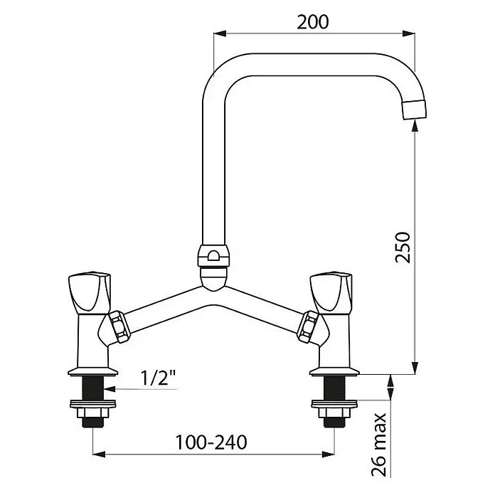 Delabie Spültischarmatur Delabie -  - Zweigriff-Küchenarmatur mit U-Auslauf. Ausladung 200, Höhe 250. Verstellbare Montage 100-240.