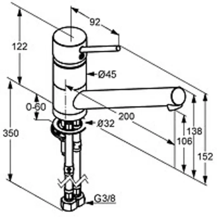Kludi Spültischarmatur Kludi -  - Technische Zeichnung einer modernen Einhebel-Küchenarmatur in Chromoptik mit Maßen.
