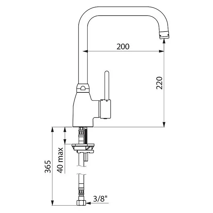 Delabie Spültischarmatur Delabie -  - Technische Zeichnung einer U-förmigen Küchenarmatur mit Einhebelmischer, mit Maßen und 3/8"-Anschluss.